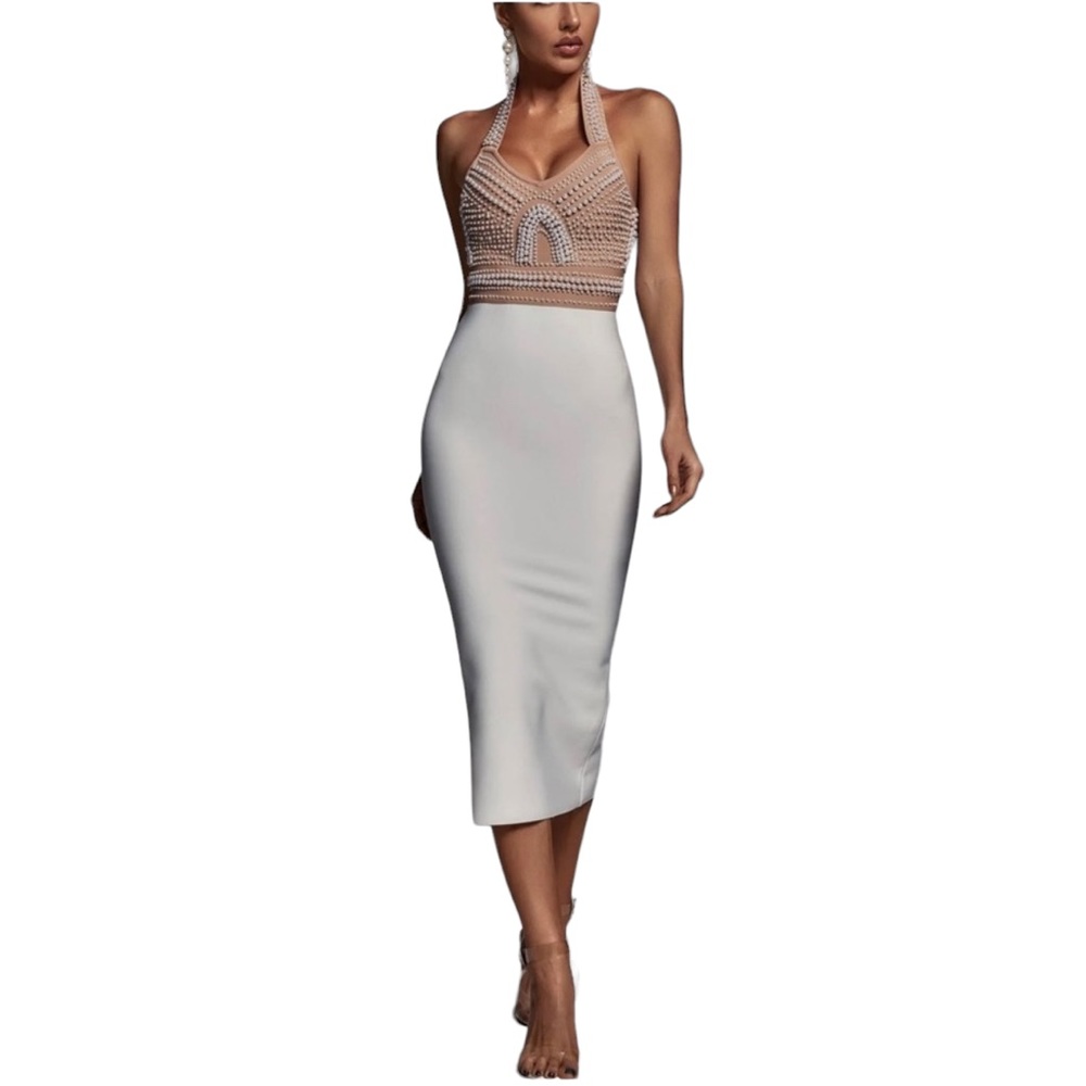 Cornelia Pearl Halter Bandage Dress beige and creme size small